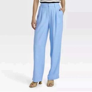 a new day Size 4 Sky Blue High Waist Linen Blend Pleated Straight Leg Trousers